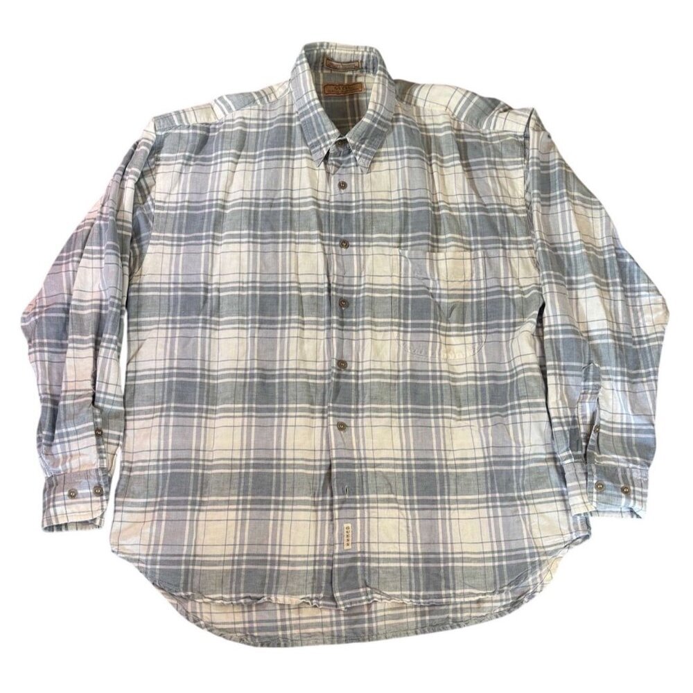 Vintage Mens Guess Classic Sportswear Plaid Button-Down Shirt Linen Blend - L